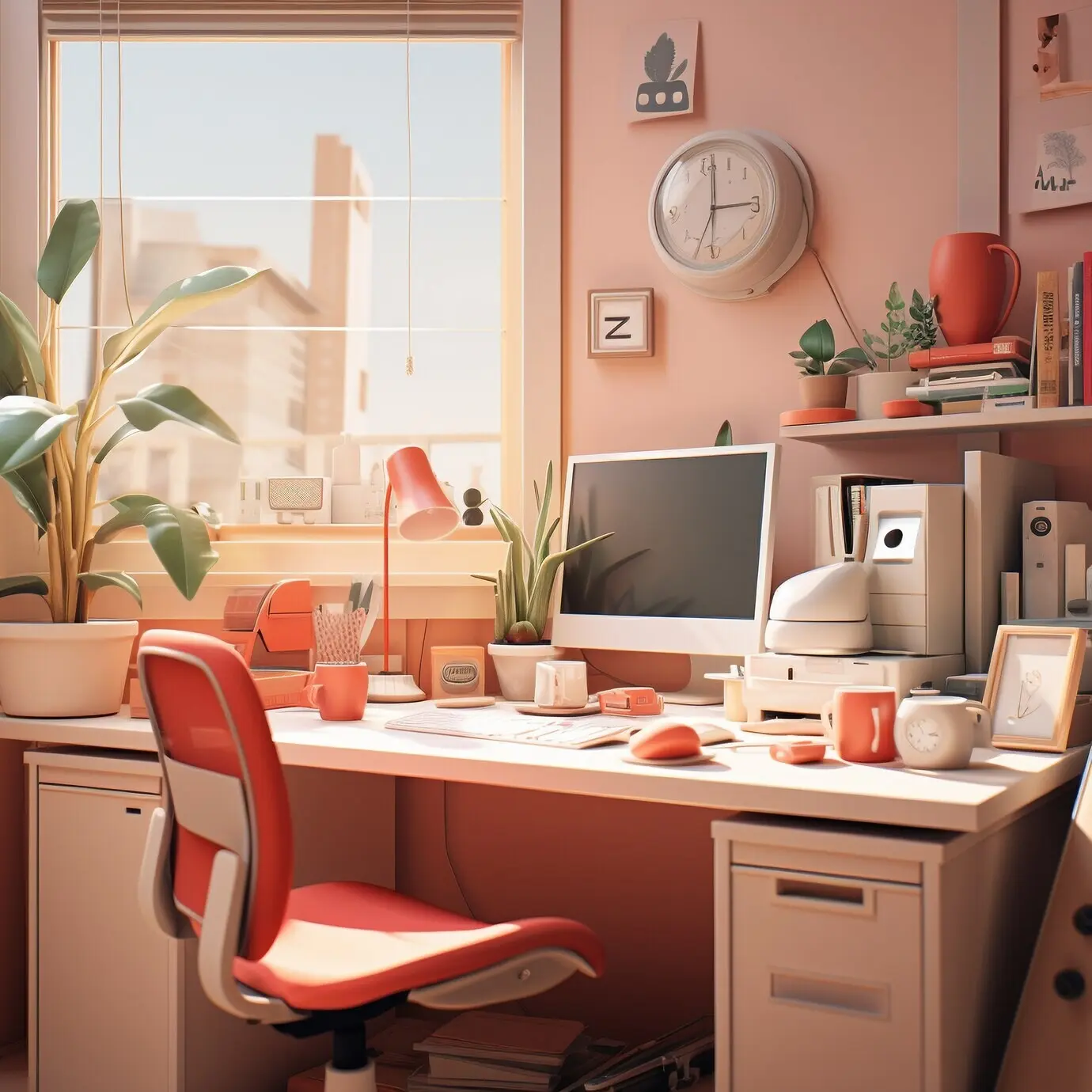 3D-Computerarbeitsplatz mit Schreibtisch in einem Raum